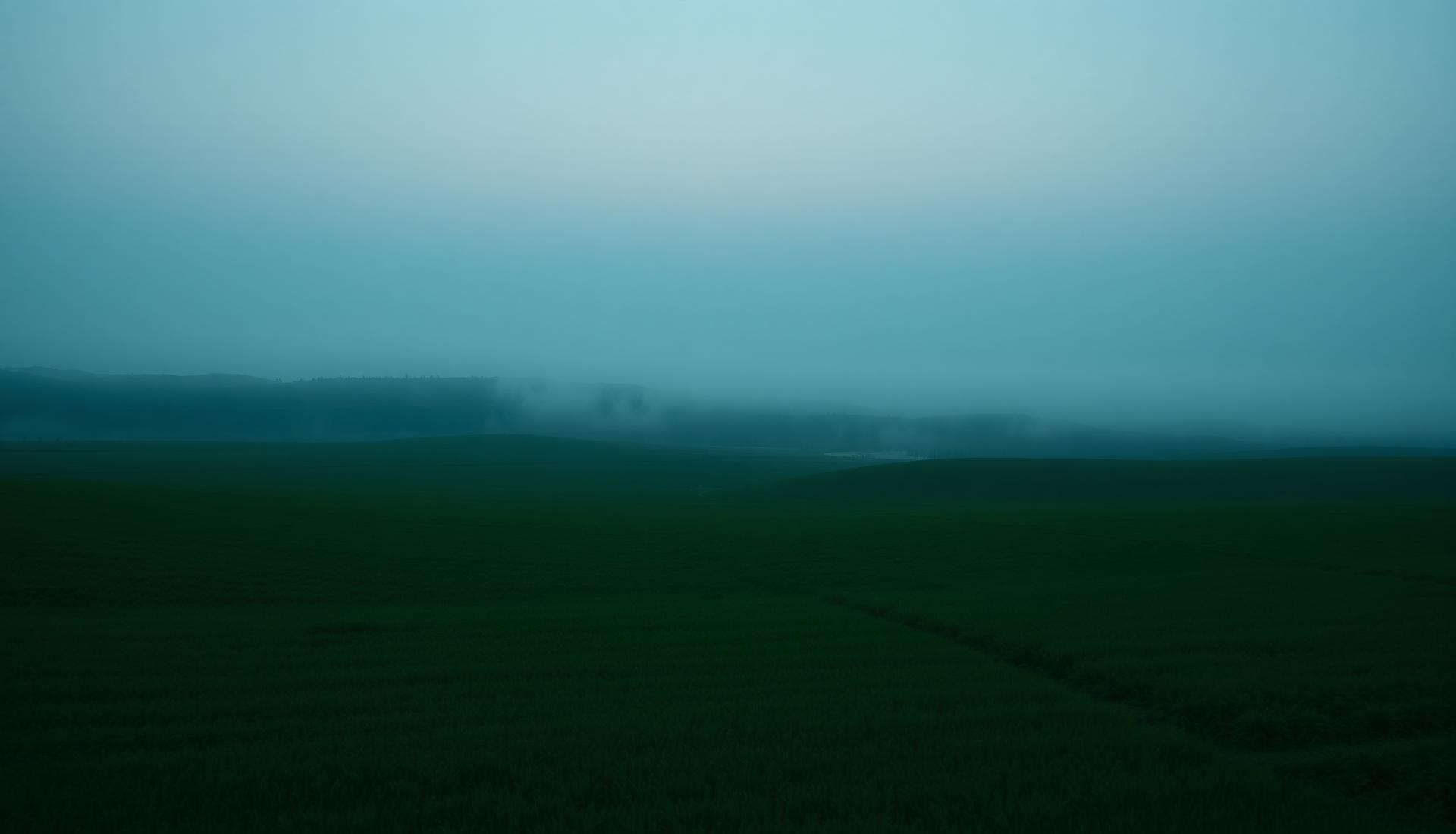 Wide green farmland at dusk