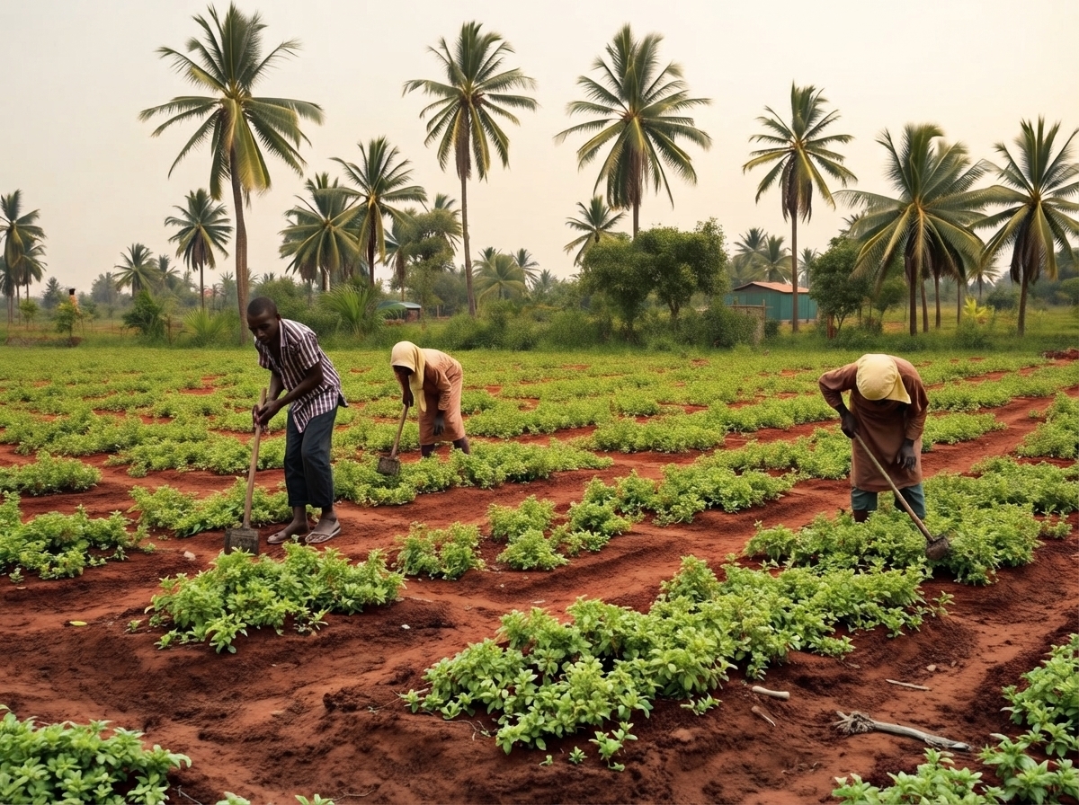 Farming community working small plots of red soil in Nigeria