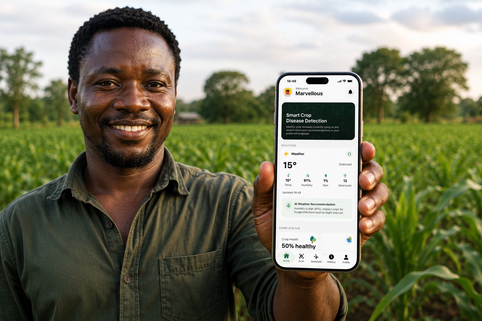 Two farmers inspecting rows of young crops