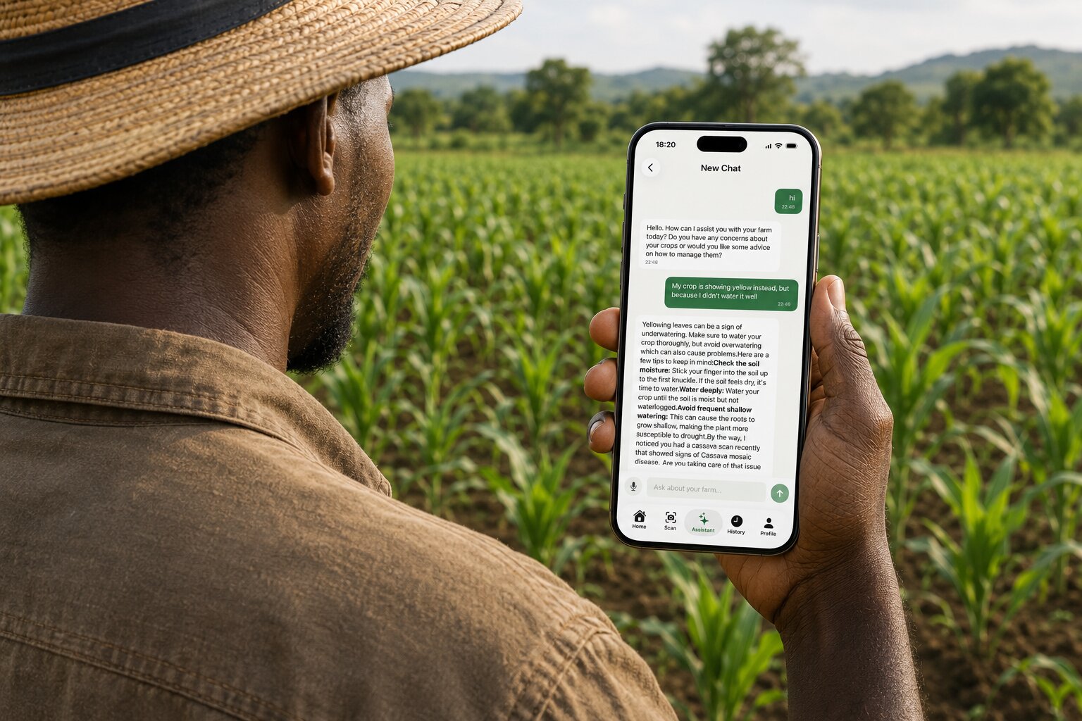 Farmer examining a leaf closely
